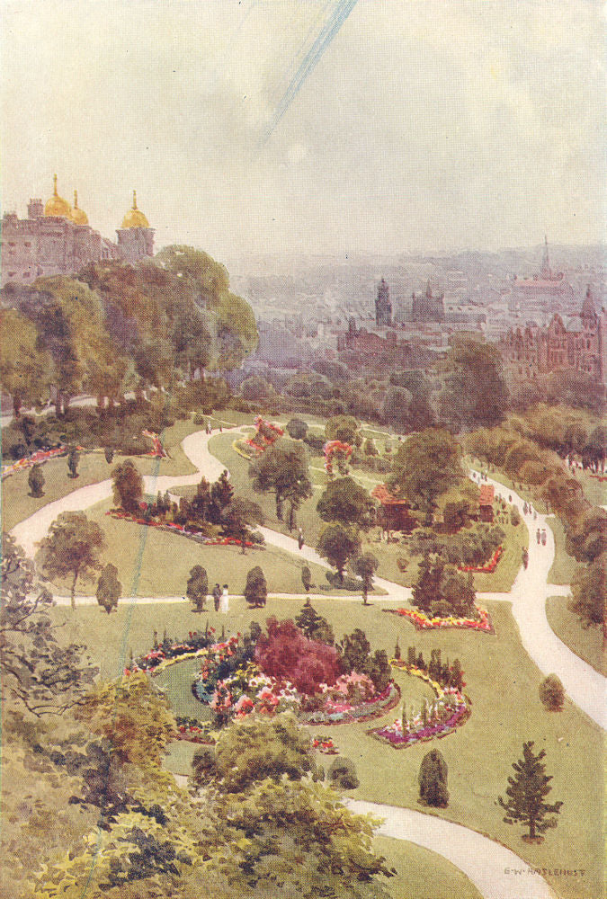 The Valley Gardens, Harrogate. Yorkshire. By Ernest Haslehust 1920 old print